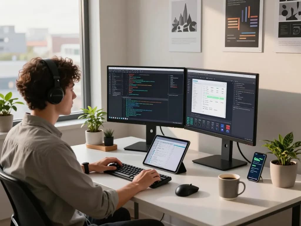Developer utilizing clawbot in a modern home office, showcasing coding activities