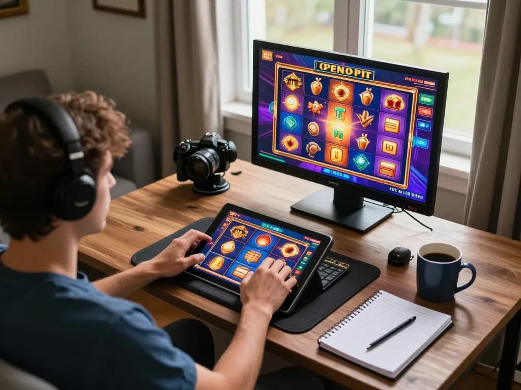 Engaging player enjoying slots gameplay on tablet at home, showcasing https://rr88co.net/ rich graphics and cozy gaming environment