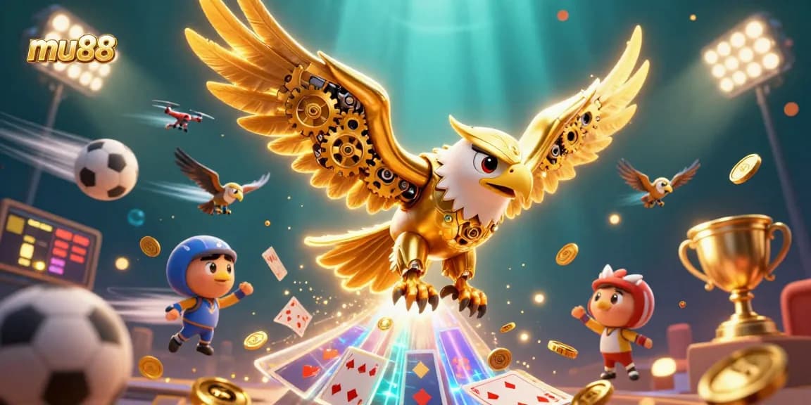 Experience thrilling games at mu88 with a dynamic 3D illustration depicting action-packed casino moments.