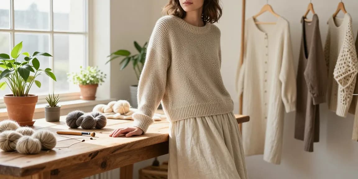 Model showcasing a handmade merino wool jumper in a cozy studio, emphasizing sustainable fashion.