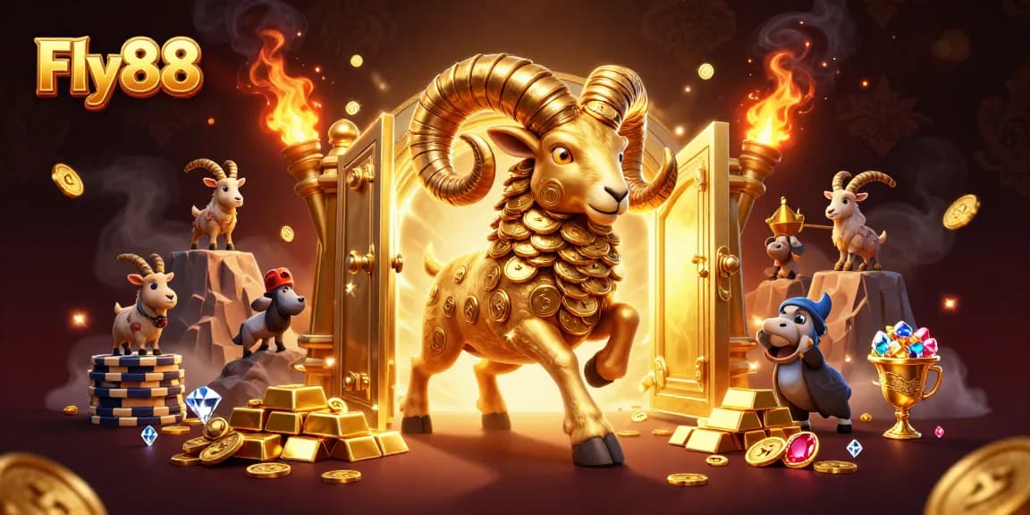 Fly88 welcomes players with a dynamic scene featuring a golden ram charging at casino riches.