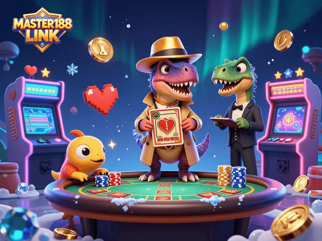 Engage with MASTER188 LINK through this dynamic gaming scene featuring cartoon velociraptor and stegosaurus.