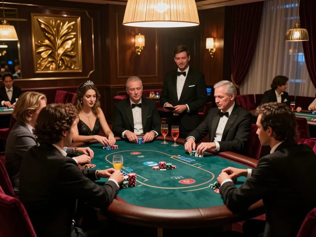 Players engaged in a high-stakes poker game in the 888b VIP area, showcasing luxury and excitement.