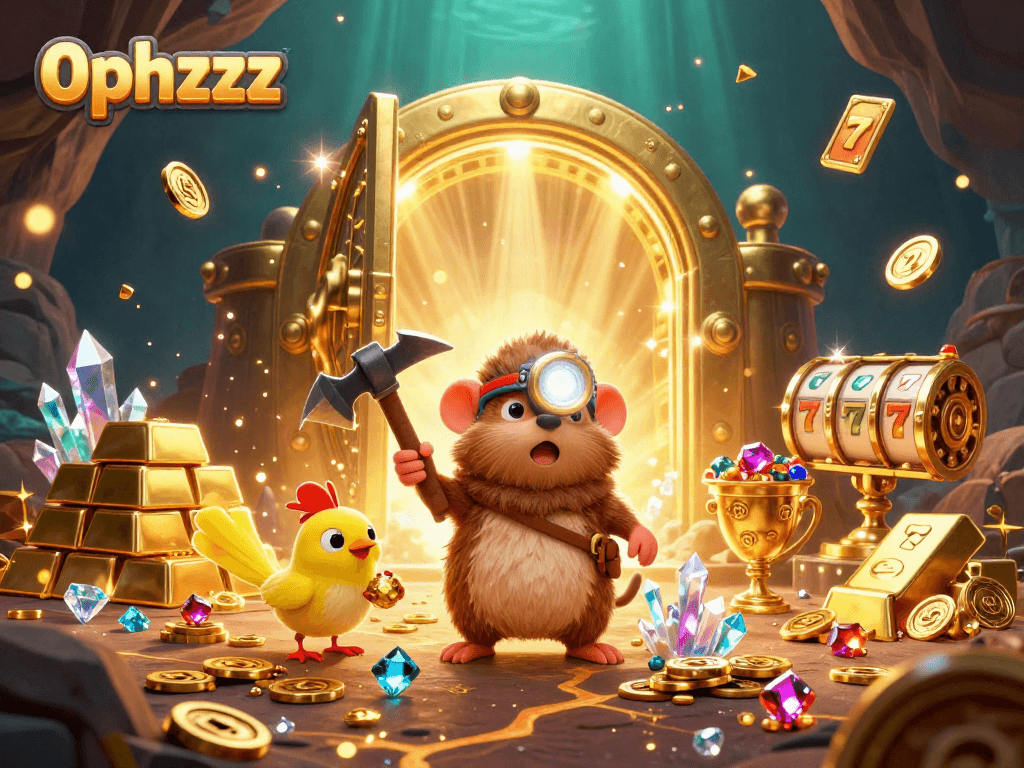 Engage with the thrilling 0phzzz casino scene featuring a treasure hunter mole and shining gems.