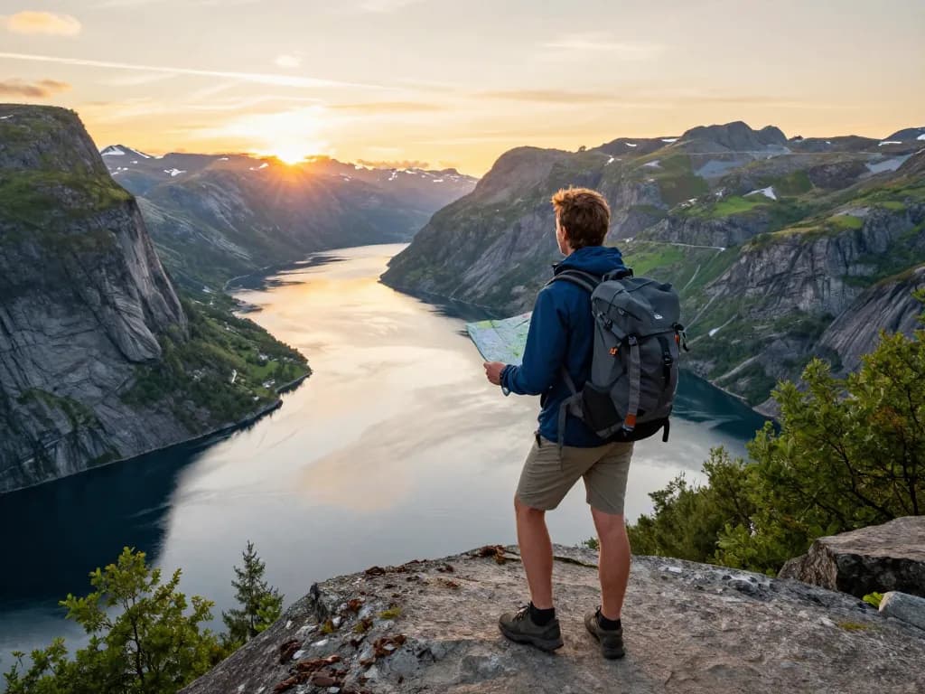 Erleben Sie Urlaub in Skandinavien mit einem Reisenden, der atemberaubende Fjorde und Landschaften erkundet.