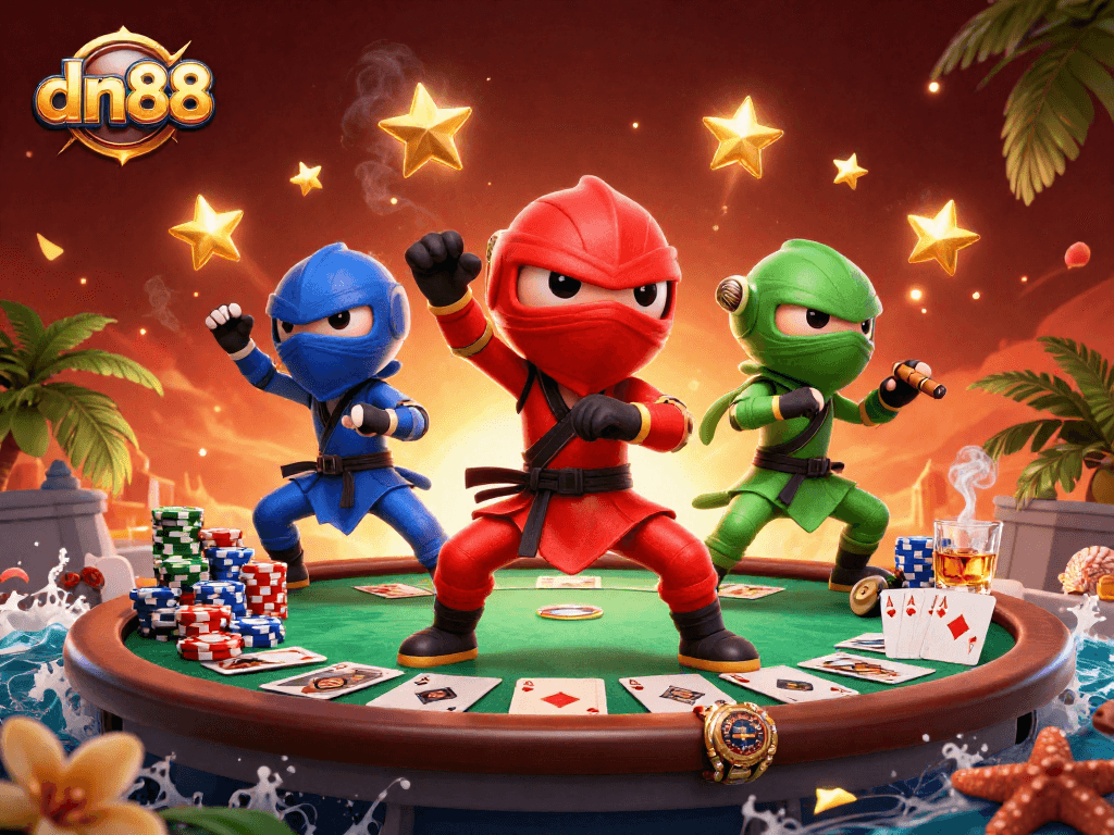 Experience thrilling action at dn88 with a colorful ninja chameleon team amidst a dynamic casino scene.