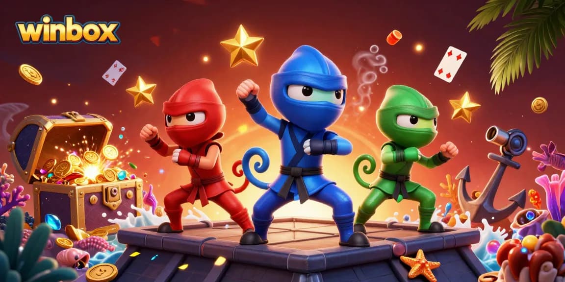 Winbox conveys excitement with chameleons in martial arts surrounded by treasure in a vibrant casino scene.