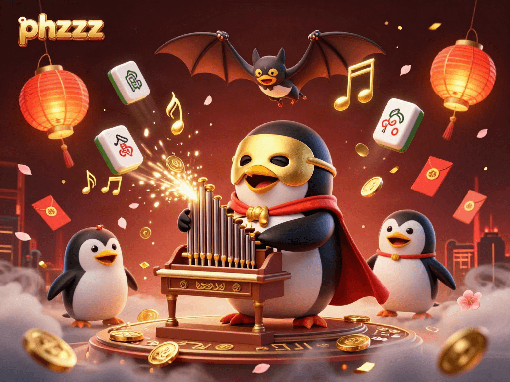 Experience the magic of phzzz with a phantom opera penguin playing a golden coin organ amidst vibrant casino elements.