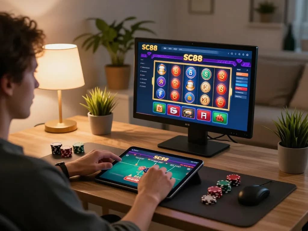Engaging gameplay on SC88 app showing vibrant casino games in a cozy modern setting.