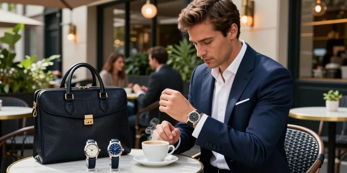 A stylish man showcasing his elegant replica watch while enjoying coffee at a modern café.