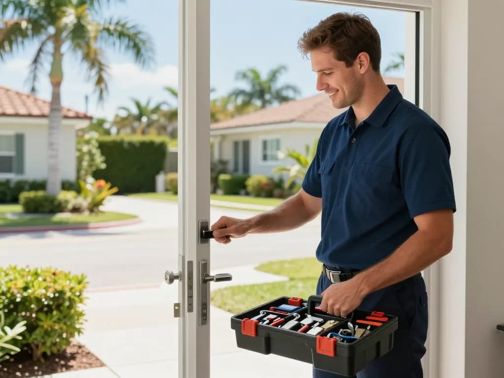 Vero Beach locksmith services being provided by a professional locksmith at a residential door.