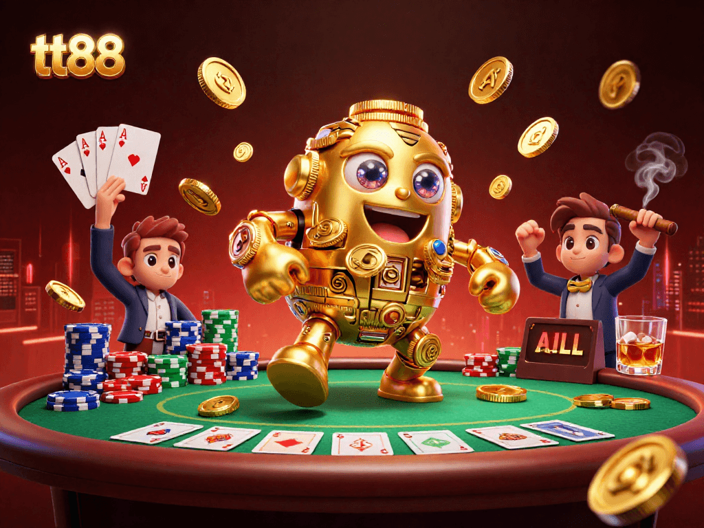 Engage with tt88's exciting gambling scene featuring a golden golem and poker table.