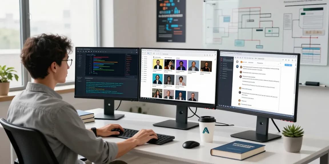 Data analyst using an AI detector in a high-tech moderation workspace with multiple screens.