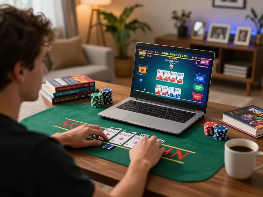 Player engaging in live dealer blackjack on a laptop showcasing 11win gaming strategies.