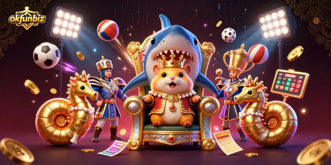 Experience the thrill at okfunbiz with the golden hamster king and seahorse guards in a vibrant casino scene.