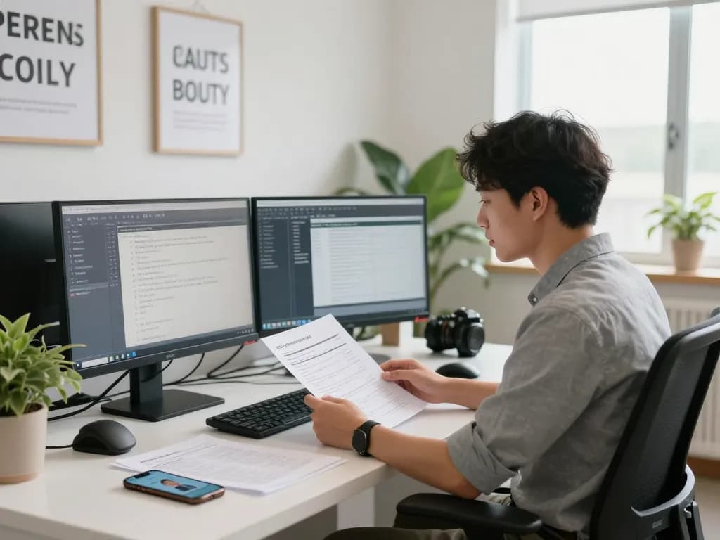 경험이 풍부한 번역가가 밝은 사무실에서 선진 번역 서비스 소프트웨어를 사용하는 모습.
