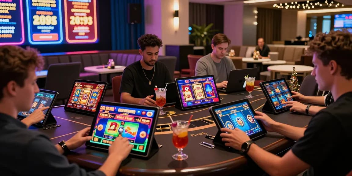 Exciting gaming atmosphere at non UK casinos with players enjoying thrilling games on mobile devices amidst vibrant surroundings.