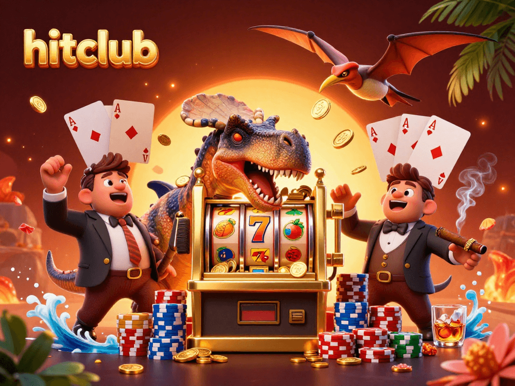 hitclub jackpot scene with cartoon dinosaurs and dynamic casino elements