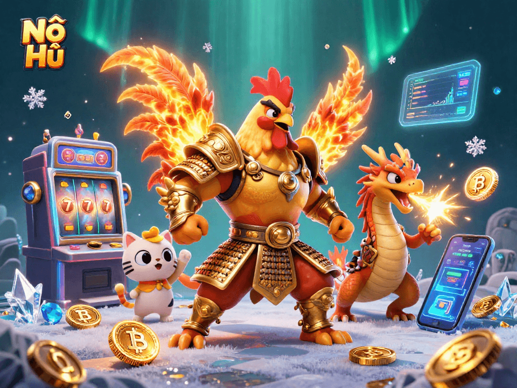 Nổ Hũ showcases a fighting rooster and dragon amid slot machine themes, highlighting vibrant casino energy.