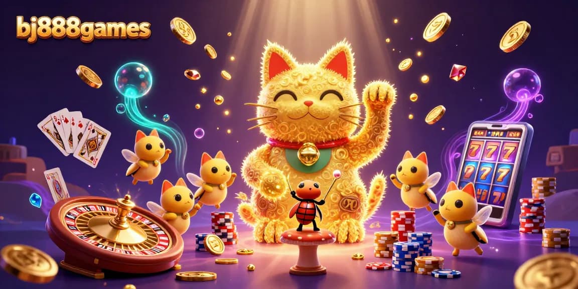 Experience the thrill of bj888games with a vibrant casino-themed 3D illustration featuring a lucky cat and fireworks.