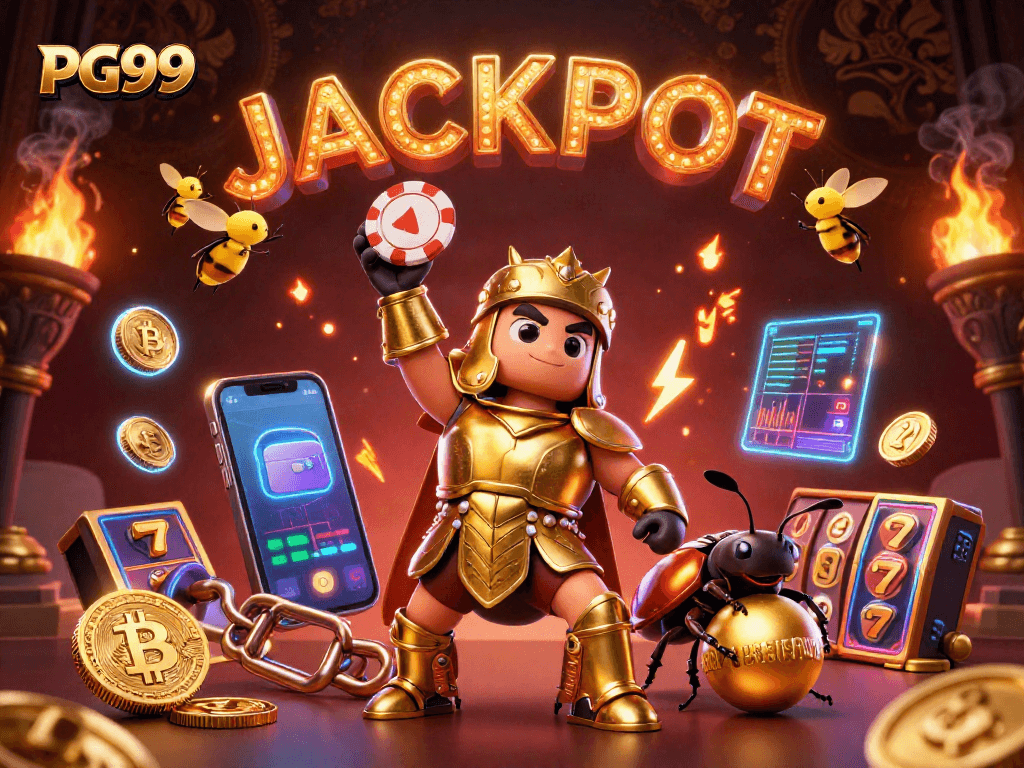 PG99 players celebrate big wins with a detailed 3D cartoon scene of gambling triumph.