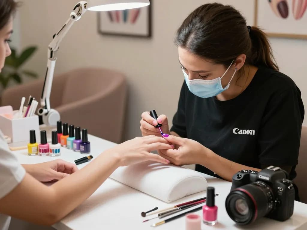 Professional nail technician applying vibrant nails in a hygienic salon.