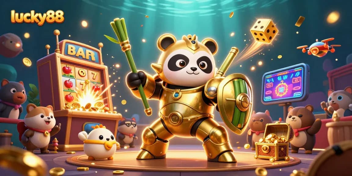 Join the excitement at lucky88 with a vibrant 3D casino illustration featuring a golden panda and dynamic gaming elements.