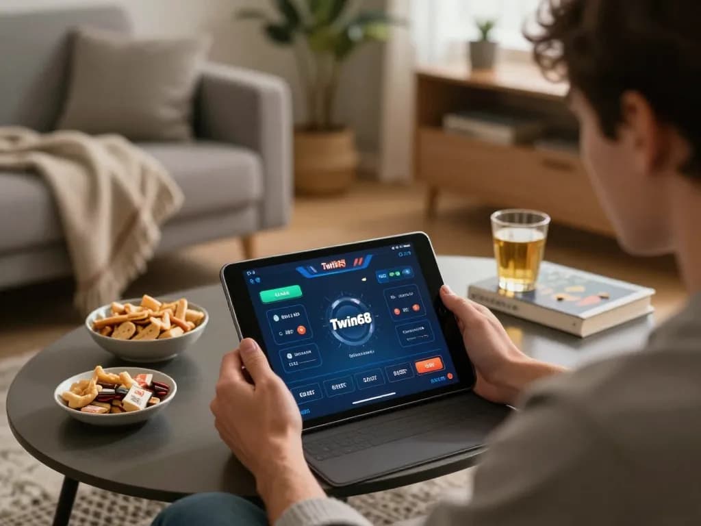 Player using Twin68 app for online gambling in a cozy home atmosphere.