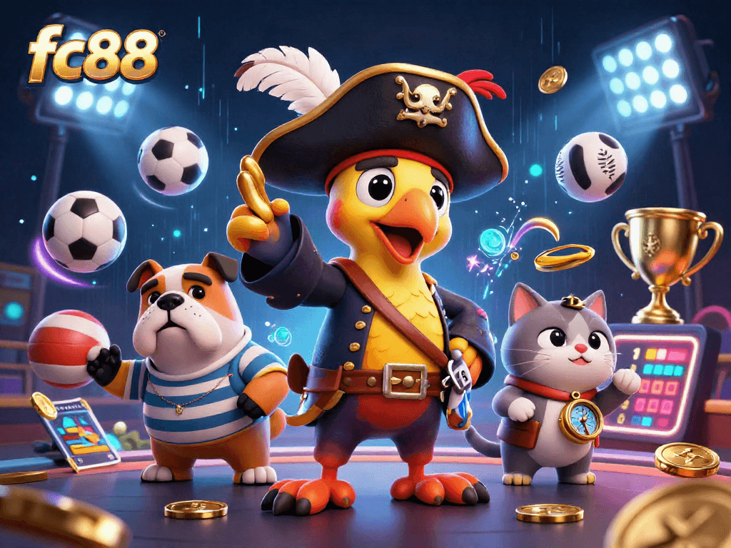 Hình ảnh vui nhộn từ fc88, thể hiện cướp biển, chó bulldog và mèo điều hướng trong một sòng bạc.