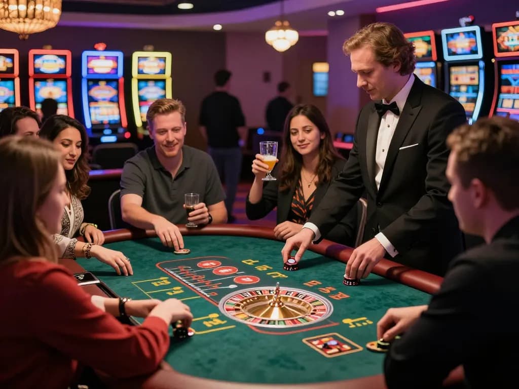 Experience the thrill of MM88 gaming in a vibrant casino setting, with players enjoying roulette and poker.