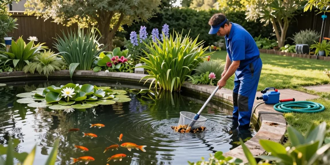 Pond Cleaning Essex: Professional pond cleaner removing debris from a scenic backyard pond in Essex.