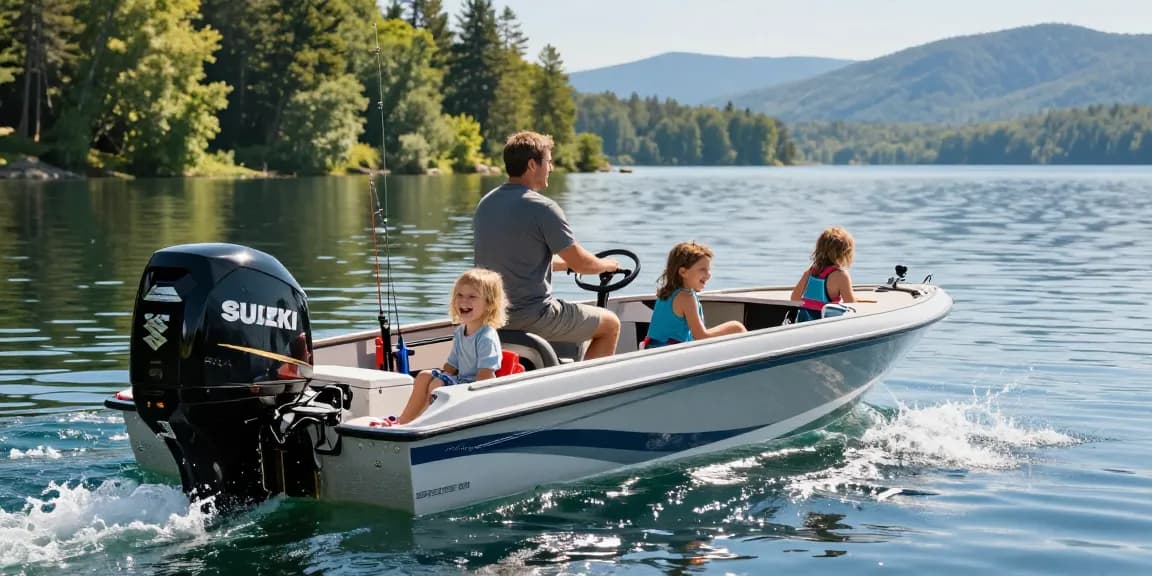 Suzuki outboard for sale showcased in a vibrant family boating scene on a sunny lake