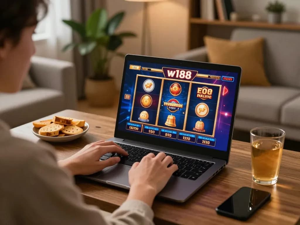 Experience thrilling w188 online gaming at home with an engaging laptop setup.