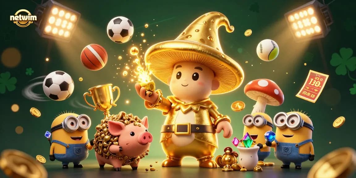 Engage in netwim sports betting while a golden wizard casts a treasure-filled scene.