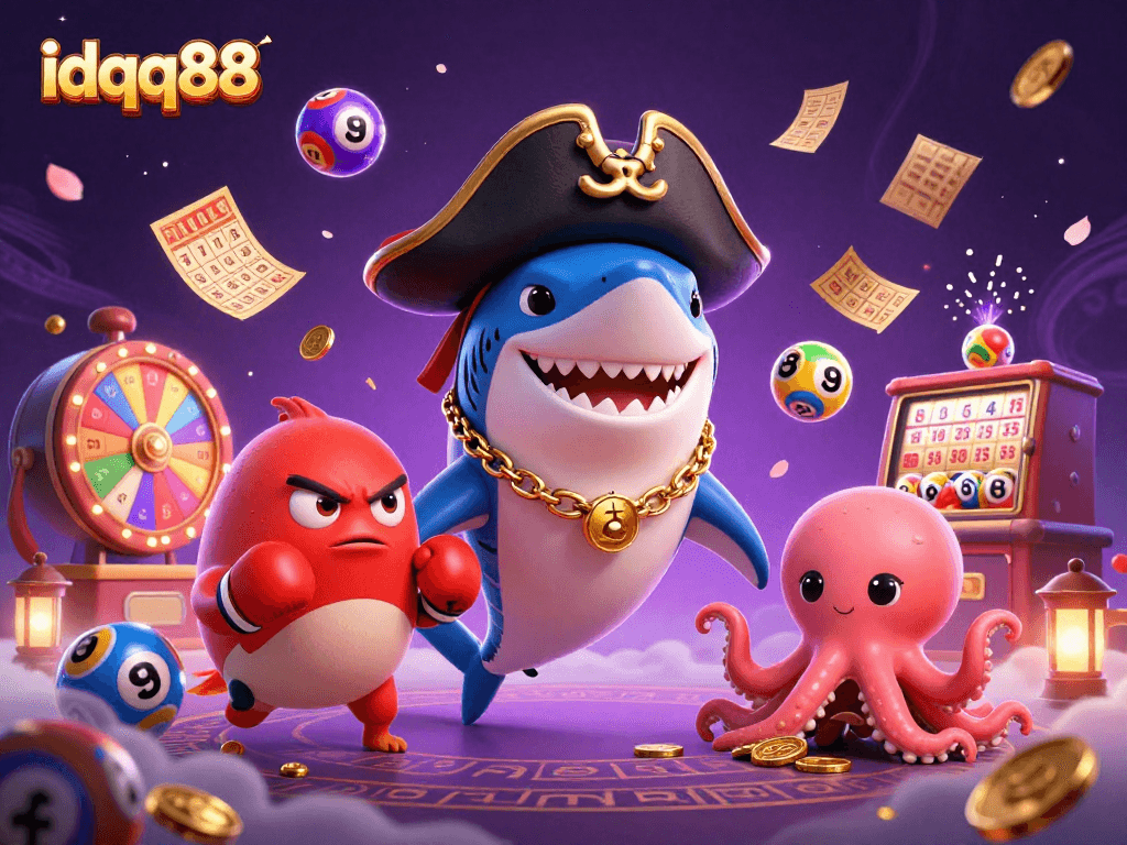 Experience thrilling wins with idqq88's vibrant casino illustration featuring dynamic characters and games.