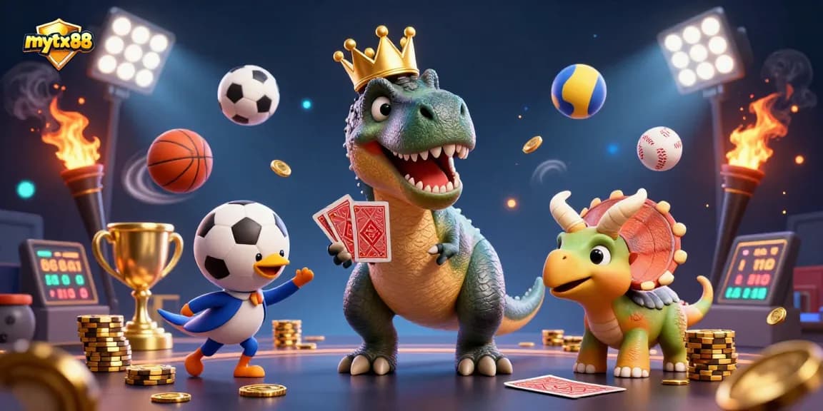 Play at mytx88 with a friendly dinosaur duo shuffling cards and stacking chips amidst vibrant casino elements.