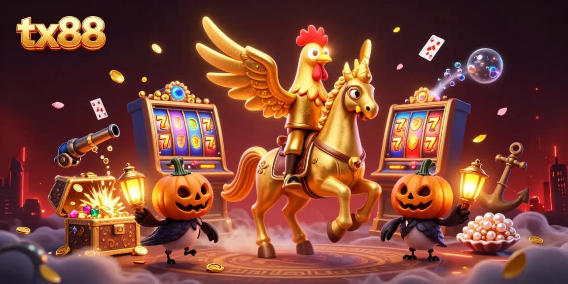 Experience the thrilling ambiance of tx88 with a golden rooster leading a vibrant casino scene.
