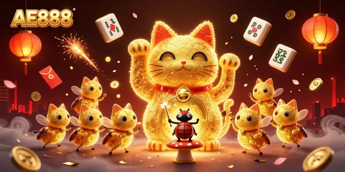Catch the excitement at AE888 with a lively lucky cat and casino symbols in this vibrant illustration.