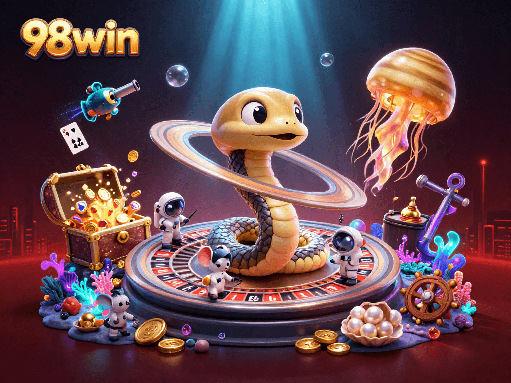 Place bets with 98win as astronaut mice engage around a cosmic roulette and treasure in a 3D casino scene