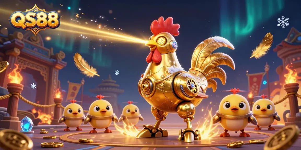 Experience the excitement of QS88 in a vibrant casino scene with a golden rooster robot and baby chick drones.