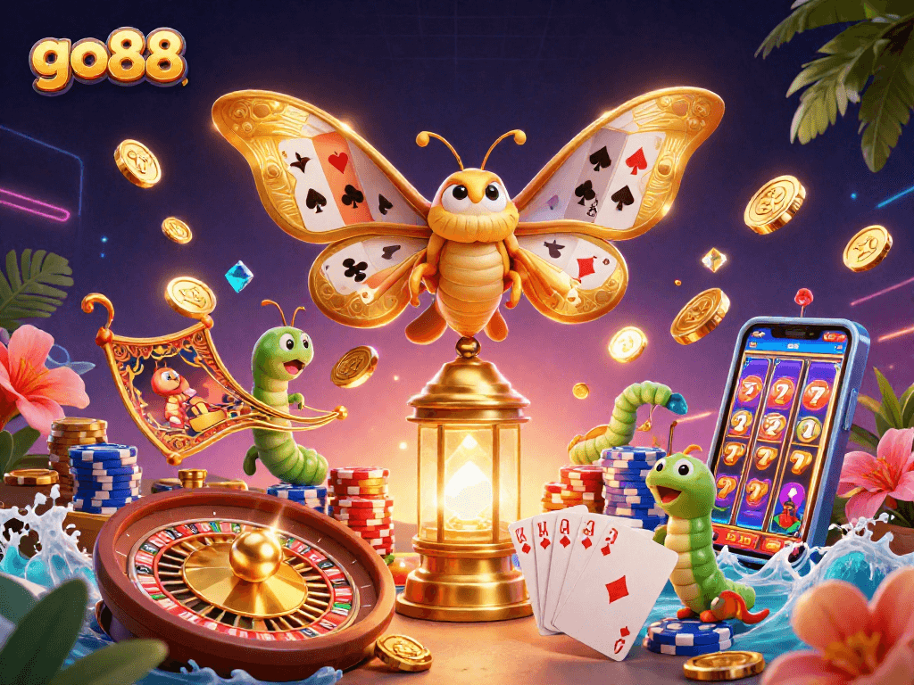Experience go88 with a vibrant casino scene featuring an atlas moth and golden coins.