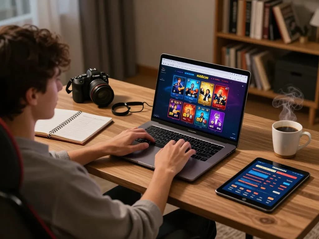 Player engaging with mu88com on a laptop, surrounded by strategic notes and cozy evening atmosphere.