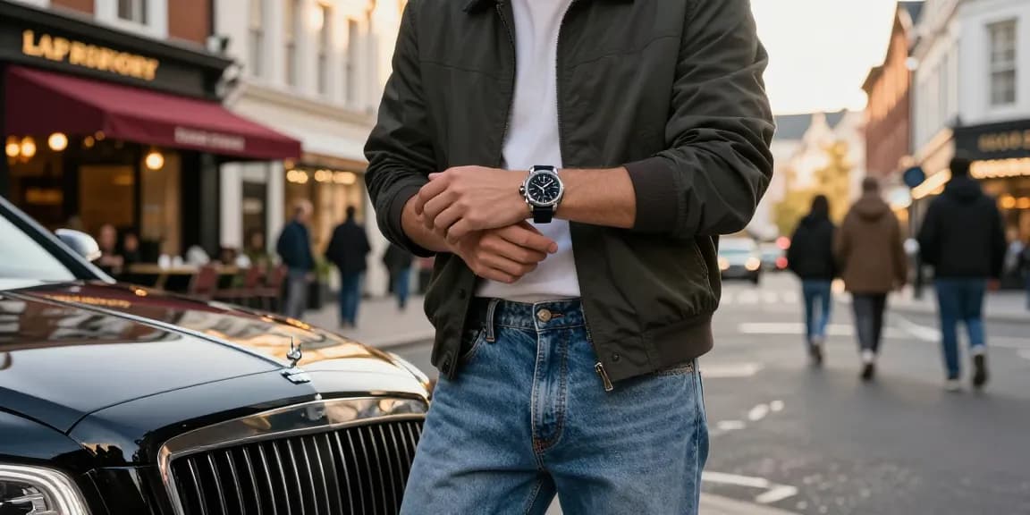 Stylish individual showcasing a premium 시계 레플리카 while leaning against a luxury car in an urban setting.