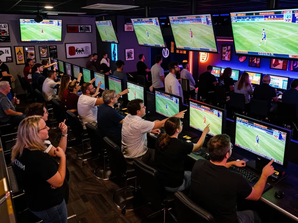 Excited bettors analyzing odds at the sapporo-dogscafe sports gaming venue, showcasing vibrant atmosphere