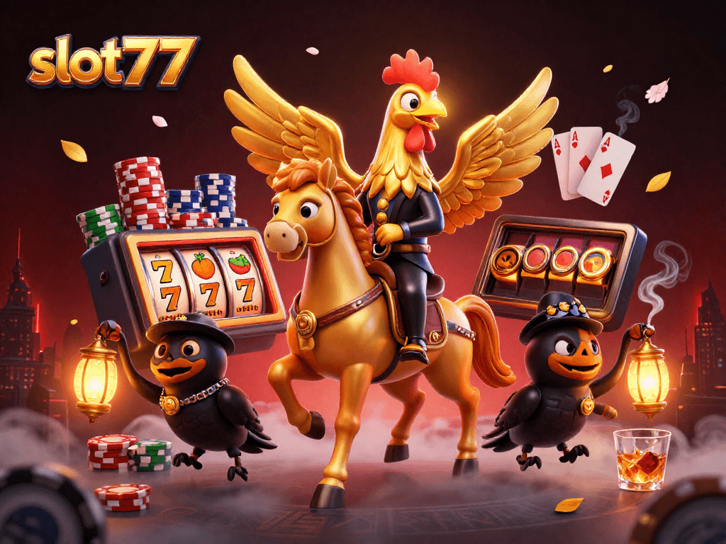Experience slot777 excitement with golden rooster and spectral horse in vibrant casino scene.