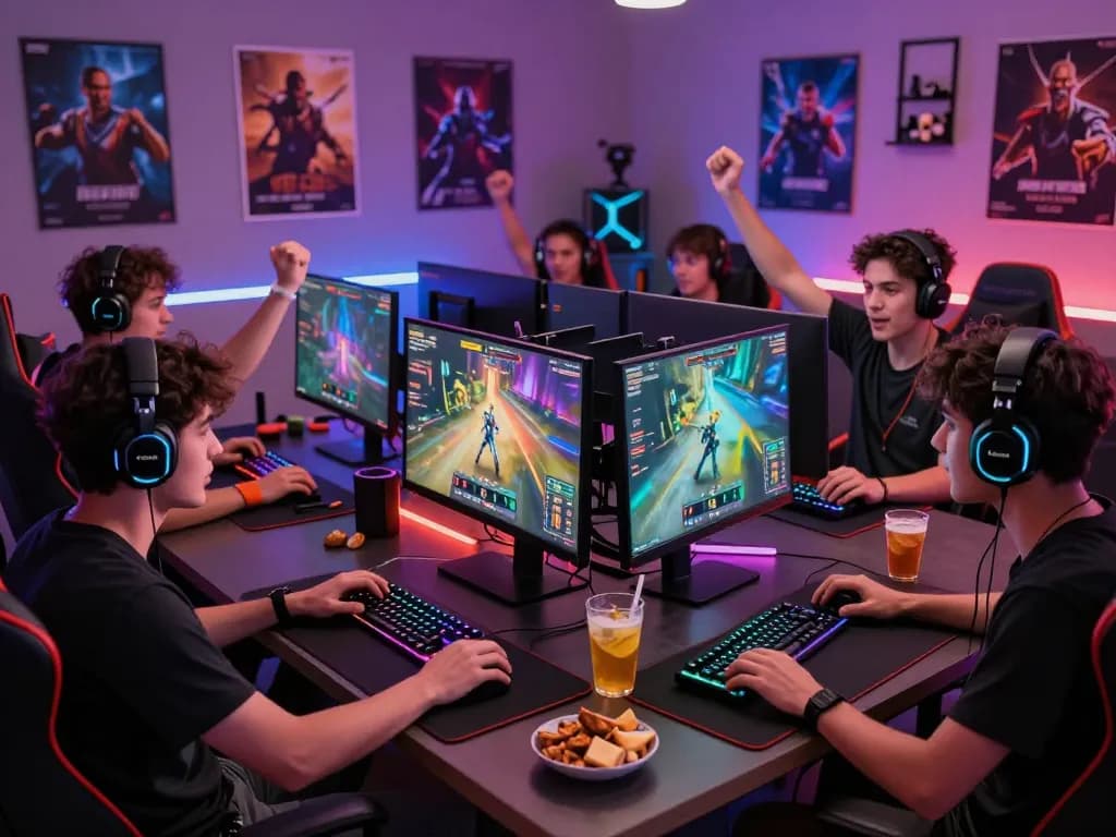 Group of friends celebrating a big win while playing 789win online games in a vibrant gaming room.