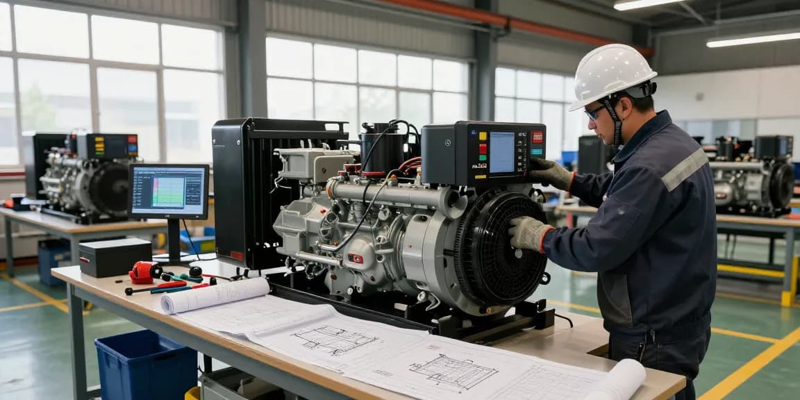 Technician inspecting a PowerLink diesel generator in a heavy industry workshop.