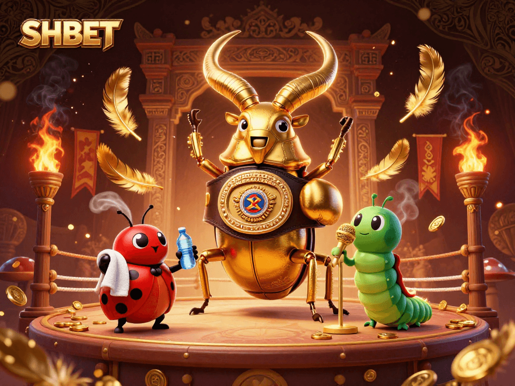 SHBET captivates players with a dynamic scene of a giant golden stag beetle in combat, surrounded by gaming treasures.