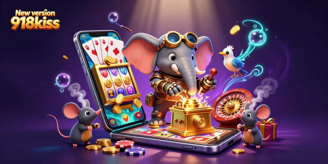 Spin to win with New version 918kiss in this vibrant casino-themed 3D illustration.