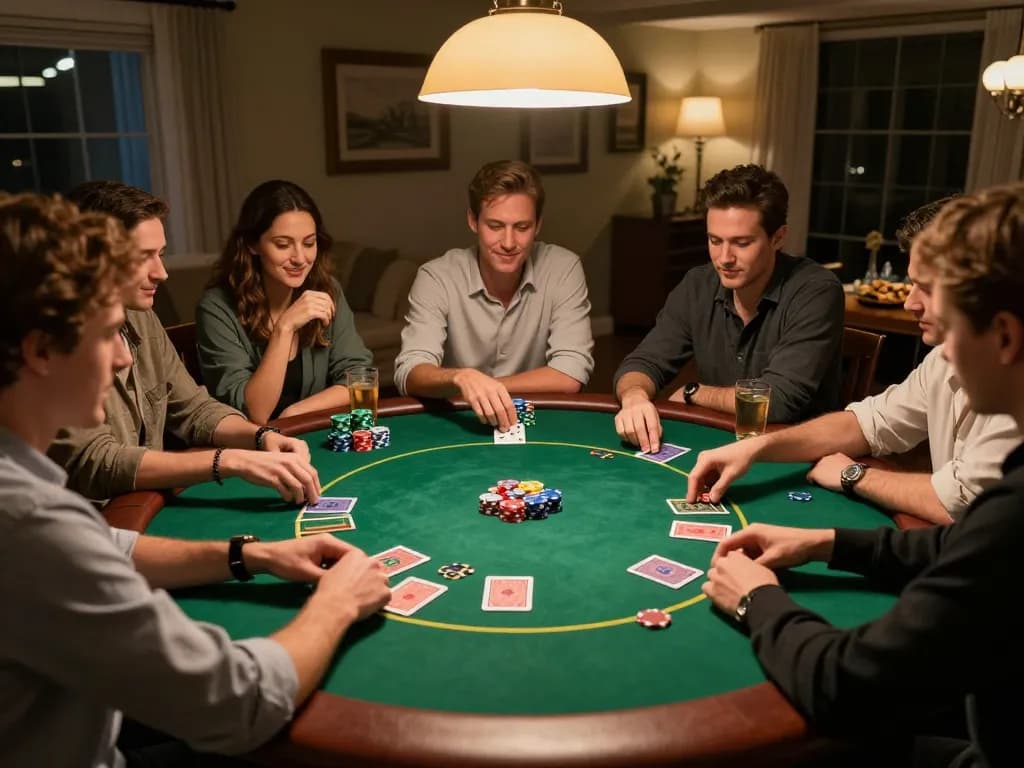 Join the strategic fun with friends at J188 poker night, showcasing an engaging game with vibrant chips.